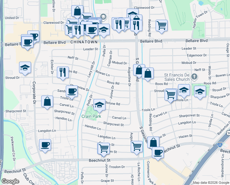 map of restaurants, bars, coffee shops, grocery stores, and more near 8838 Sharpview Drive in Houston