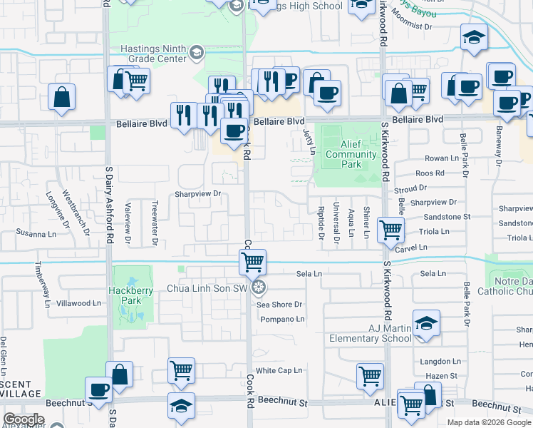 map of restaurants, bars, coffee shops, grocery stores, and more near 7241 Cook Road in Houston