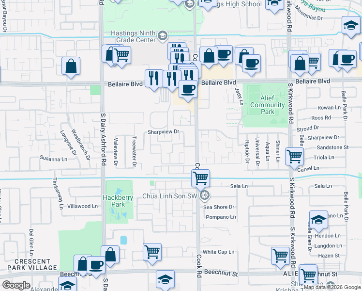 map of restaurants, bars, coffee shops, grocery stores, and more near 7150 Crownwest Street in Houston