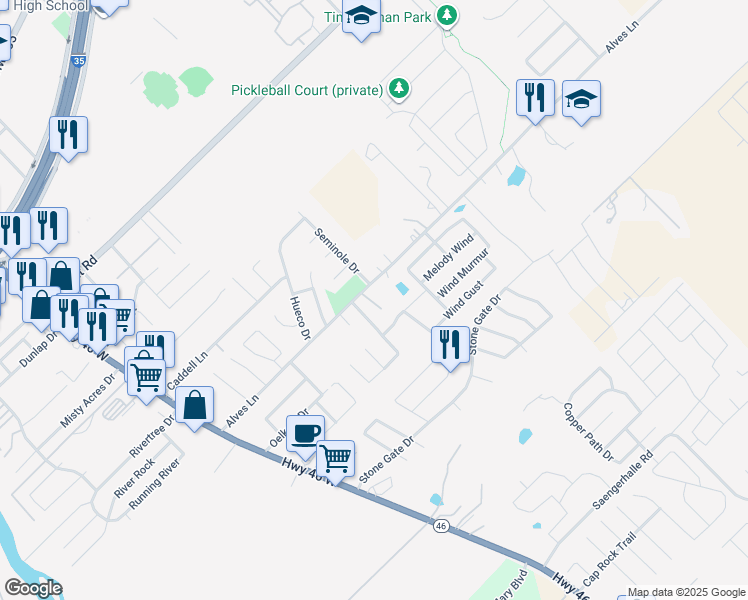 map of restaurants, bars, coffee shops, grocery stores, and more near 1013 Mellow Breeze in New Braunfels