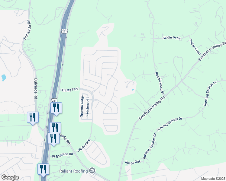 map of restaurants, bars, coffee shops, grocery stores, and more near 26915 Rustic Brook in San Antonio