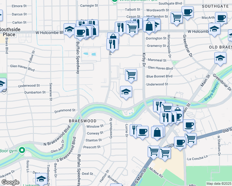 map of restaurants, bars, coffee shops, grocery stores, and more near 7487 Brompton Street in Houston