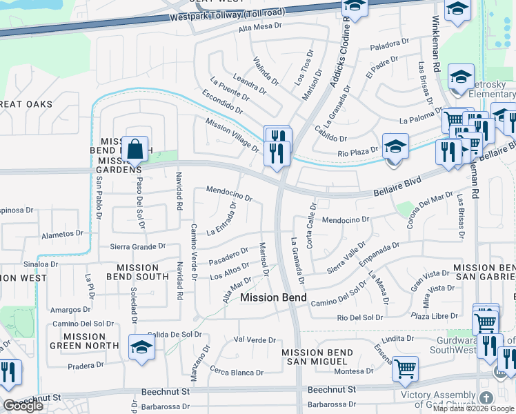 map of restaurants, bars, coffee shops, grocery stores, and more near 7106 Marisol Drive in Houston