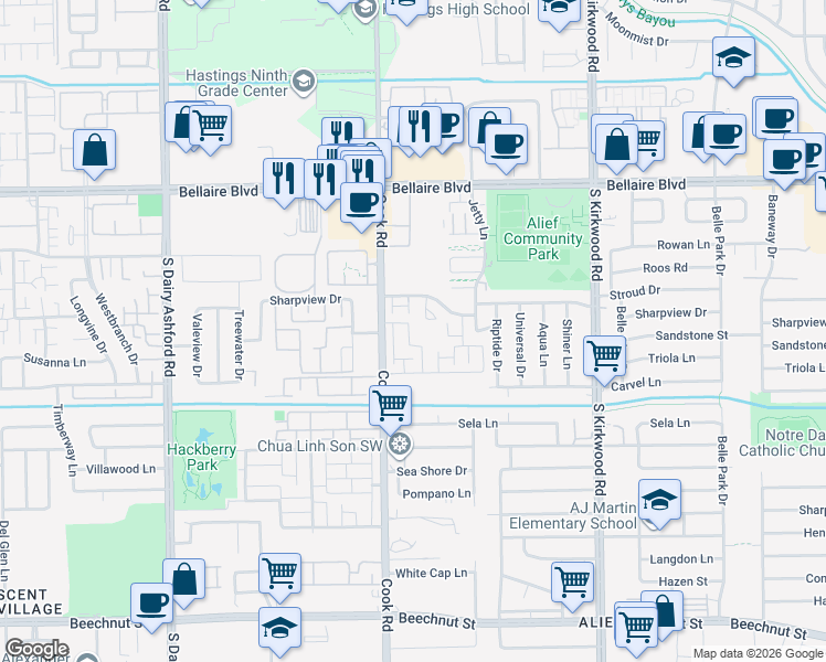 map of restaurants, bars, coffee shops, grocery stores, and more near 7241 Cook Road in Houston