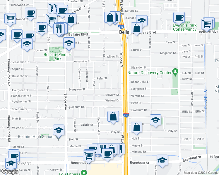 map of restaurants, bars, coffee shops, grocery stores, and more near 550 Wisteria Street in Bellaire
