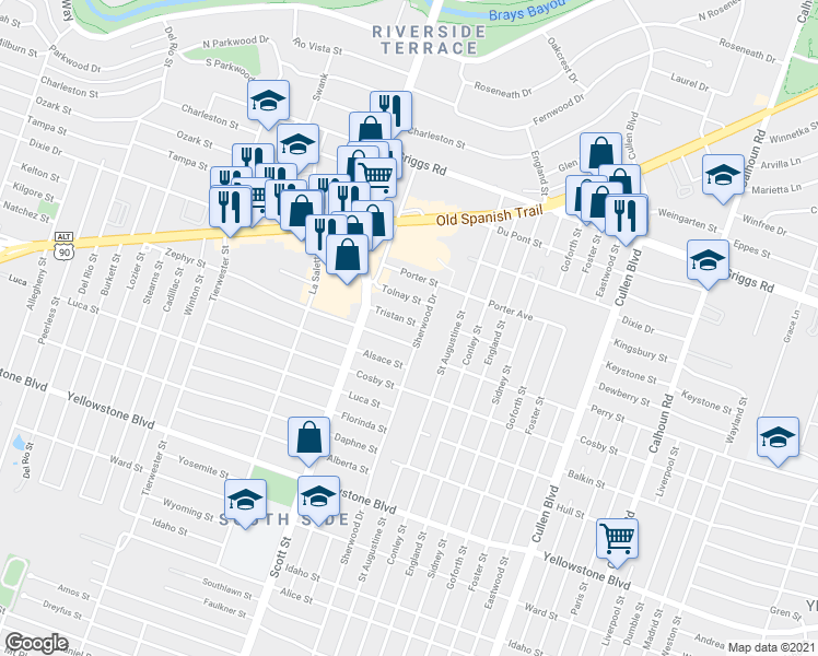 map of restaurants, bars, coffee shops, grocery stores, and more near 3938 Tristan Street in Houston