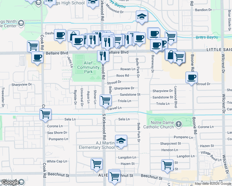 map of restaurants, bars, coffee shops, grocery stores, and more near 11802 Sandstone Street in Houston