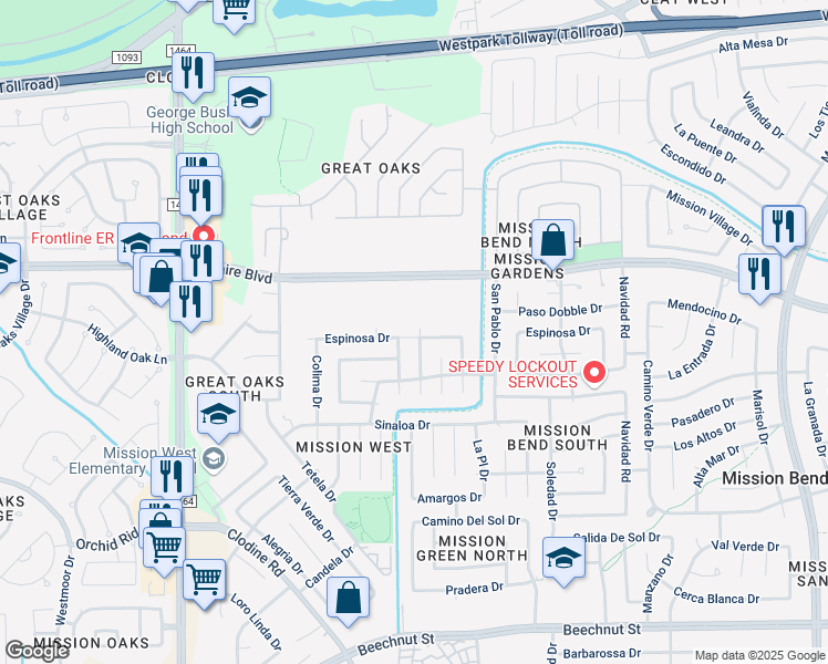 map of restaurants, bars, coffee shops, grocery stores, and more near 7202 Londres Drive in Houston