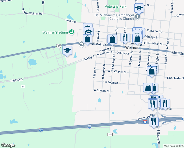 map of restaurants, bars, coffee shops, grocery stores, and more near 502 South West Street in Weimar