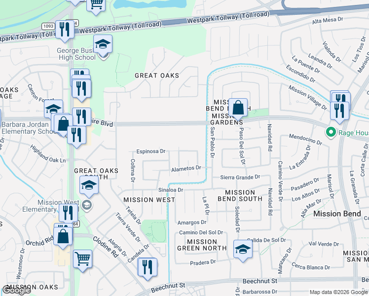 map of restaurants, bars, coffee shops, grocery stores, and more near 16510 Espinosa Drive in Houston