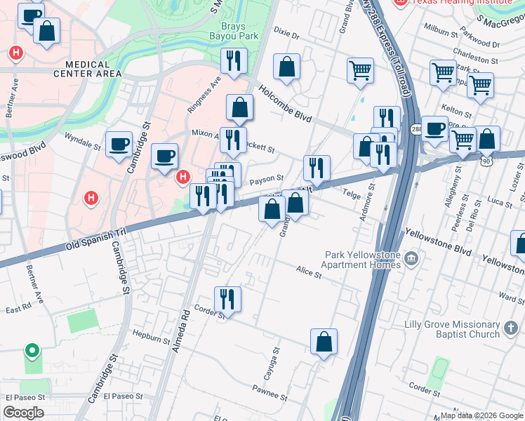 map of restaurants, bars, coffee shops, grocery stores, and more near 2950 Old Spanish Trail in Houston