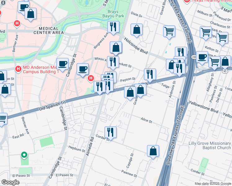 map of restaurants, bars, coffee shops, grocery stores, and more near 2828 Old Spanish Trail in Houston