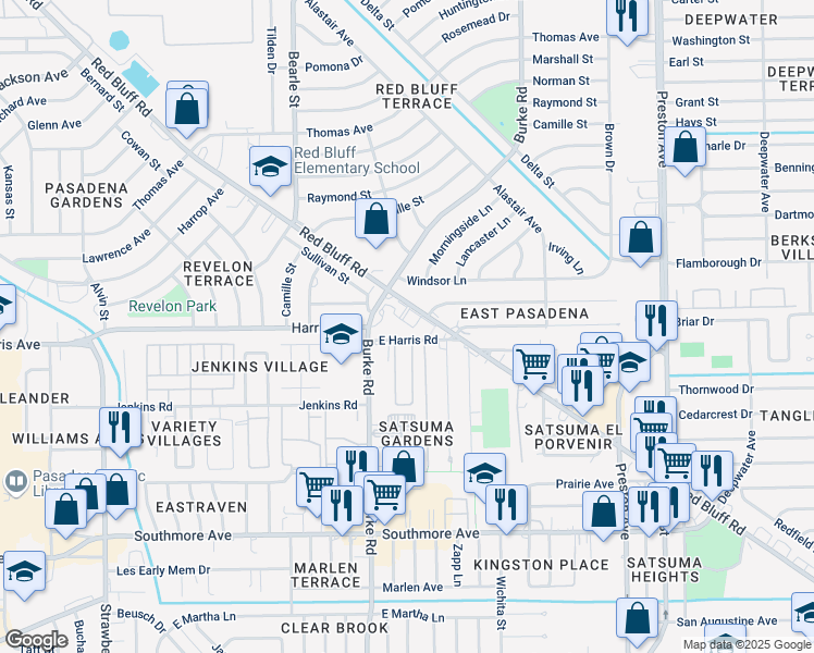 map of restaurants, bars, coffee shops, grocery stores, and more near 12 East Harris Road in Pasadena