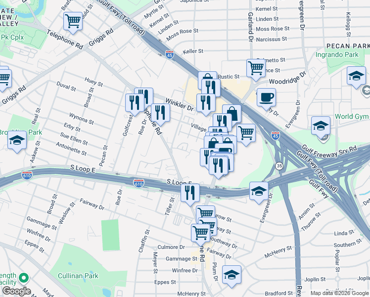 map of restaurants, bars, coffee shops, grocery stores, and more near 7010 Plum Creek Terrace Lane in Houston