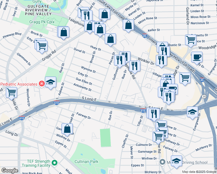 map of restaurants, bars, coffee shops, grocery stores, and more near 3223 Pecan Street in Houston