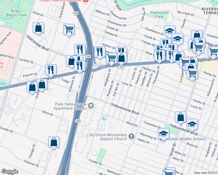 map of restaurants, bars, coffee shops, grocery stores, and more near 6753 Peerless Street in Houston