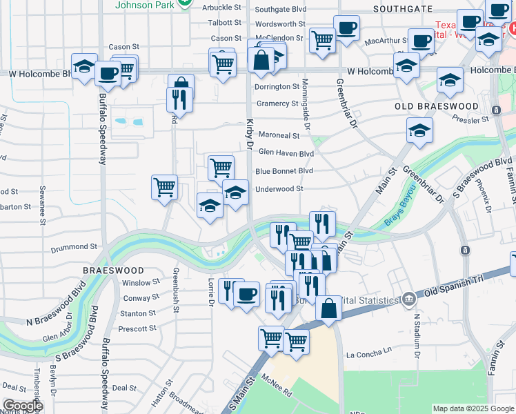map of restaurants, bars, coffee shops, grocery stores, and more near 7575 Kirby Drive in Houston
