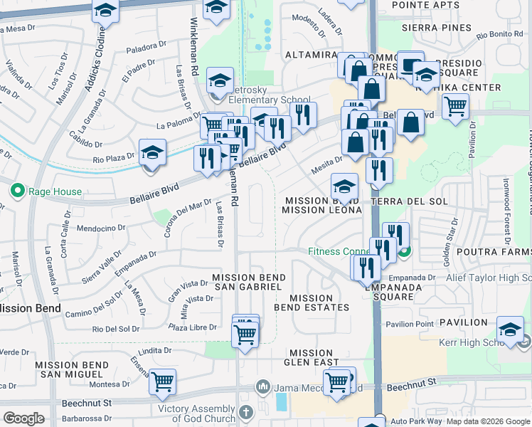 map of restaurants, bars, coffee shops, grocery stores, and more near 7131 Rio Blanco Drive in Houston