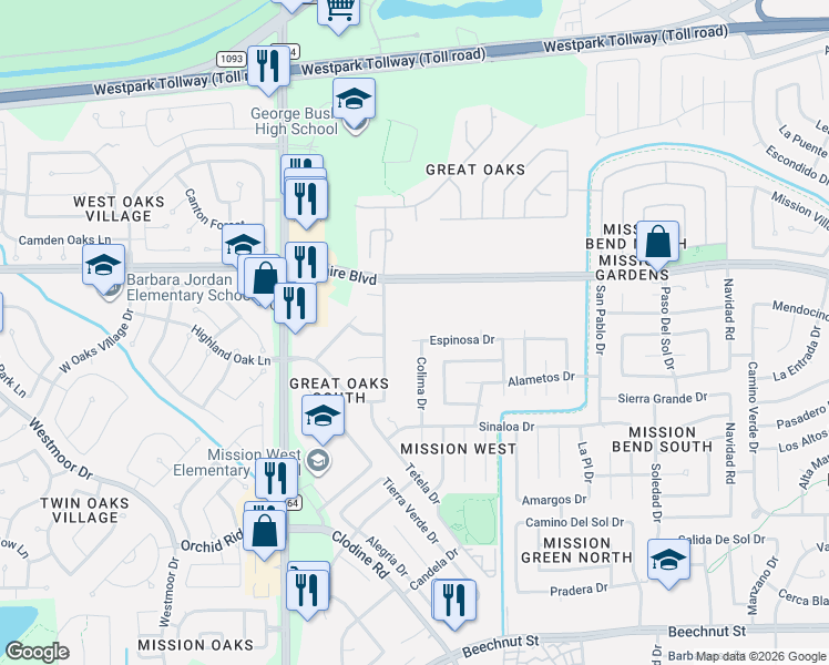 map of restaurants, bars, coffee shops, grocery stores, and more near 7203 Chickory Woods Lane in Houston