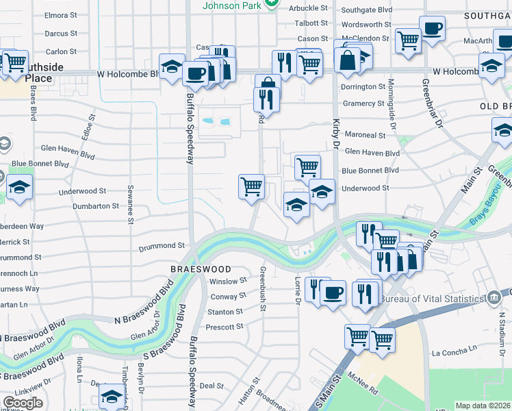 map of restaurants, bars, coffee shops, grocery stores, and more near 7516 Brompton Road in Houston