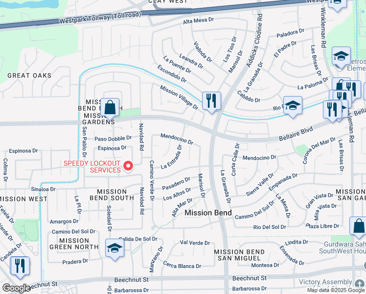 map of restaurants, bars, coffee shops, grocery stores, and more near 7111 La Entrada Drive in Houston