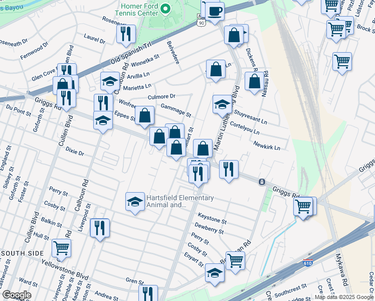 map of restaurants, bars, coffee shops, grocery stores, and more near 5055 Griggs Road in Houston