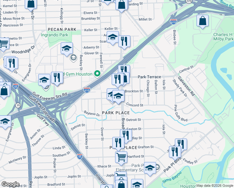 map of restaurants, bars, coffee shops, grocery stores, and more near 8037 Kimble Street in Houston