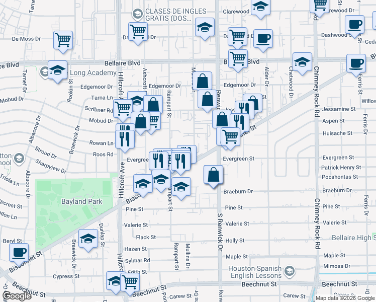 map of restaurants, bars, coffee shops, grocery stores, and more near 6000 Bissonnet Street in Houston