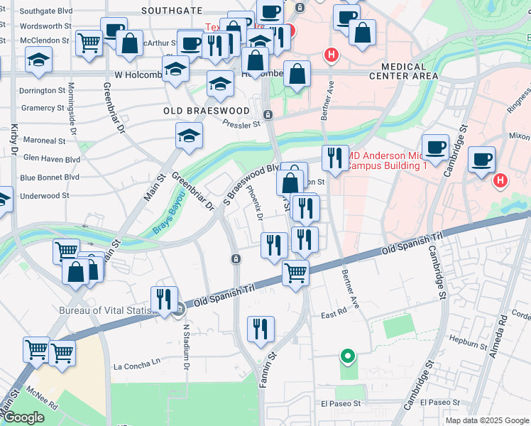 map of restaurants, bars, coffee shops, grocery stores, and more near 7655 Phoenix Drive in Houston