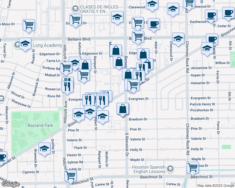 map of restaurants, bars, coffee shops, grocery stores, and more near 1104 Bissonnet Street in Houston