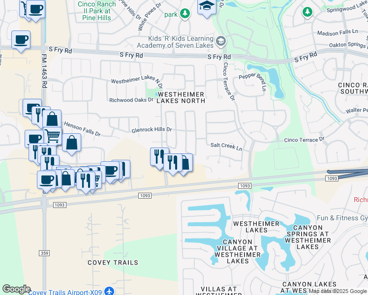 map of restaurants, bars, coffee shops, grocery stores, and more near 6438 Richland Hills Drive in Katy