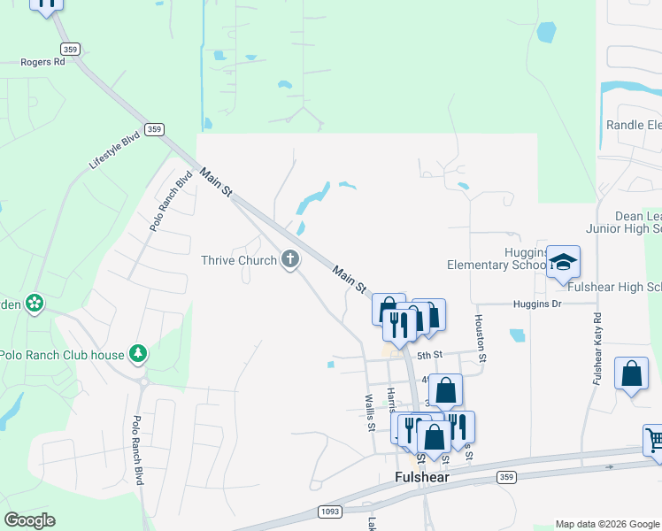 map of restaurants, bars, coffee shops, grocery stores, and more near Main Street in Fulshear