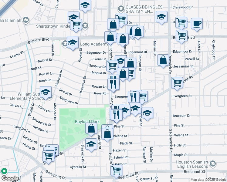 map of restaurants, bars, coffee shops, grocery stores, and more near 7402 Hillcroft Street in Houston