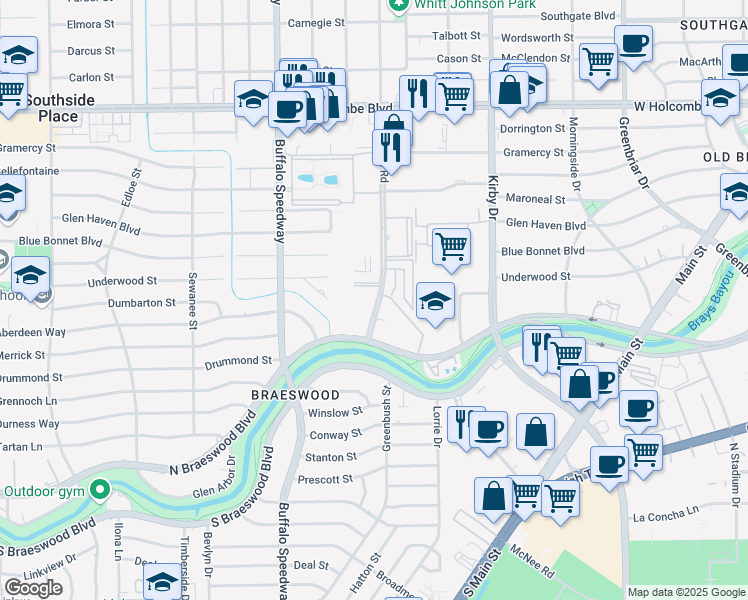 map of restaurants, bars, coffee shops, grocery stores, and more near 7514 Brompton Road in Houston