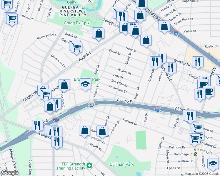 map of restaurants, bars, coffee shops, grocery stores, and more near 4039 Juliet Street in Houston