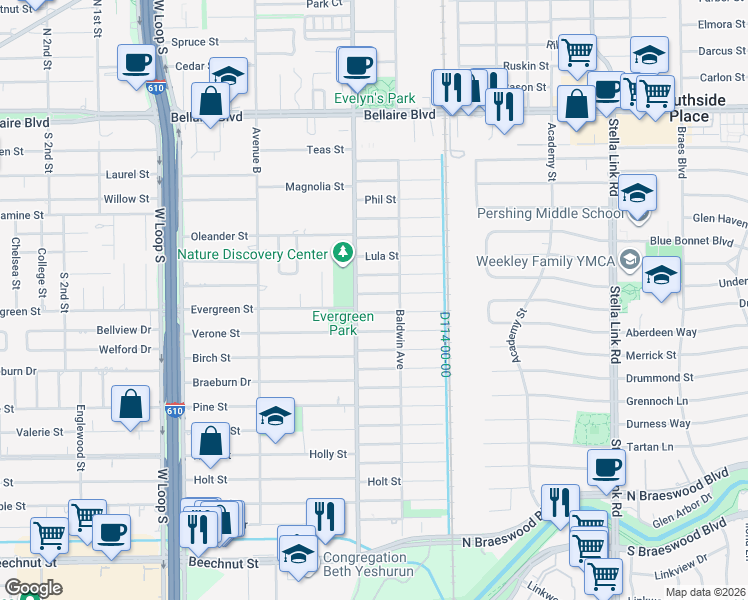 map of restaurants, bars, coffee shops, grocery stores, and more near 4424 Wendell Street in Bellaire