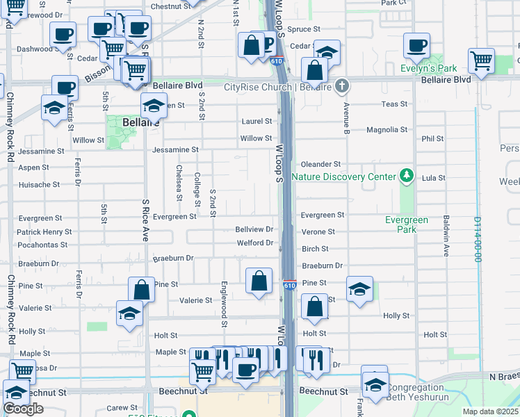 map of restaurants, bars, coffee shops, grocery stores, and more near 550 Wisteria Street in Bellaire