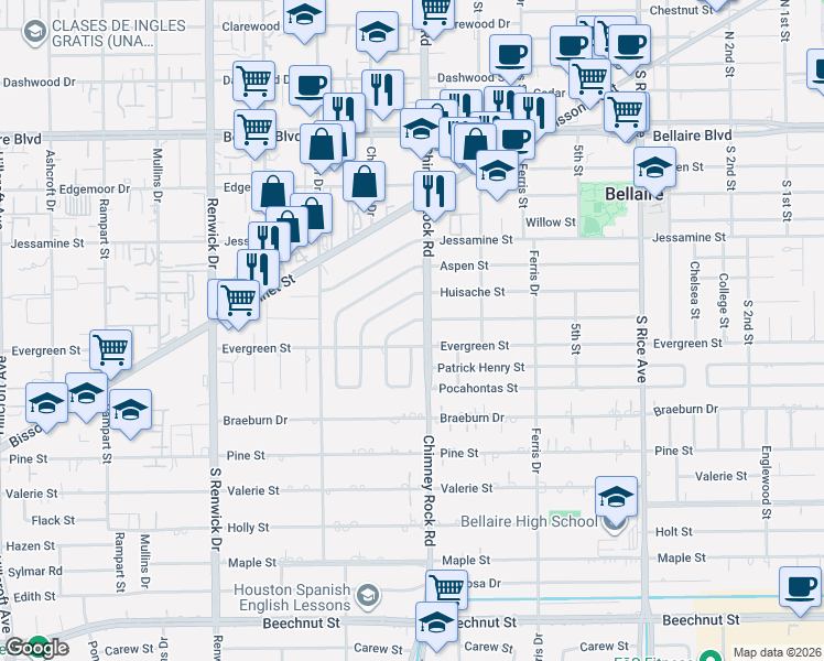 map of restaurants, bars, coffee shops, grocery stores, and more near 5500 Evergreen Street in Houston