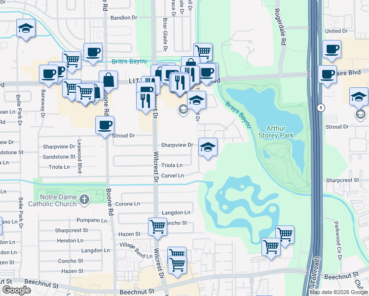 map of restaurants, bars, coffee shops, grocery stores, and more near 7211 Imperial Point Road in Houston