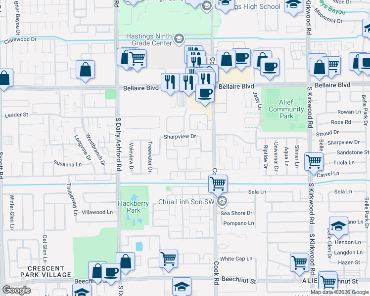 map of restaurants, bars, coffee shops, grocery stores, and more near 7150 Crownwest Street in Houston