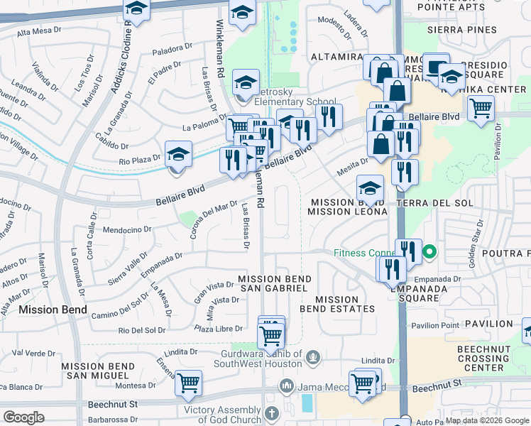 map of restaurants, bars, coffee shops, grocery stores, and more near 7203 Winkleman Road in Houston