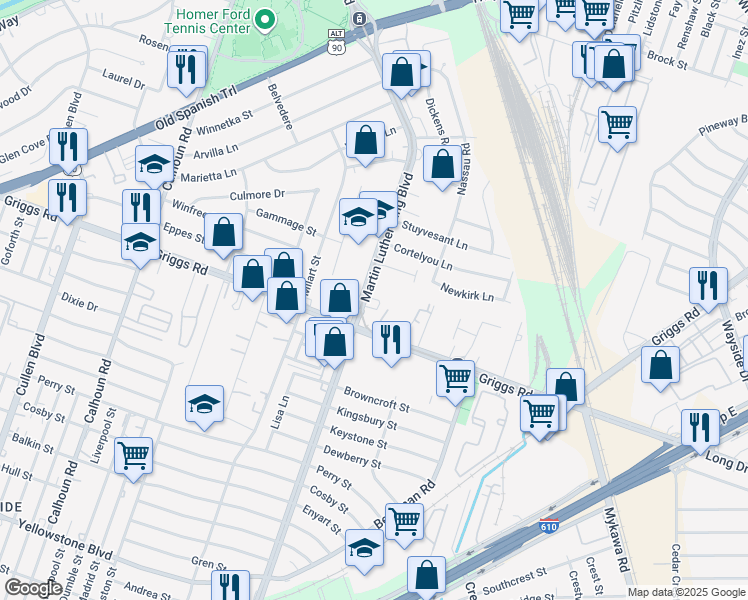 map of restaurants, bars, coffee shops, grocery stores, and more near 5221 Griggs Road in Houston