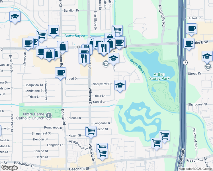 map of restaurants, bars, coffee shops, grocery stores, and more near 7211 Imperial Point Road in Houston