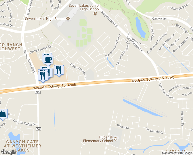 map of restaurants, bars, coffee shops, grocery stores, and more near 6342 Alpine Trail Lane in Katy