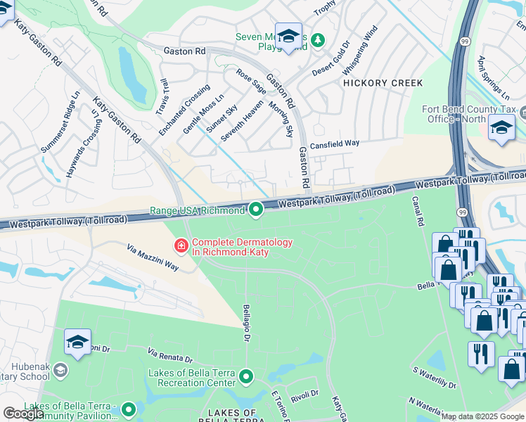 map of restaurants, bars, coffee shops, grocery stores, and more near 23703 Farm to Market 1093 Road in Richmond