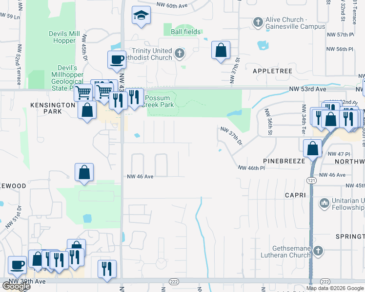 map of restaurants, bars, coffee shops, grocery stores, and more near 4777 Northwest 39th Street in Gainesville