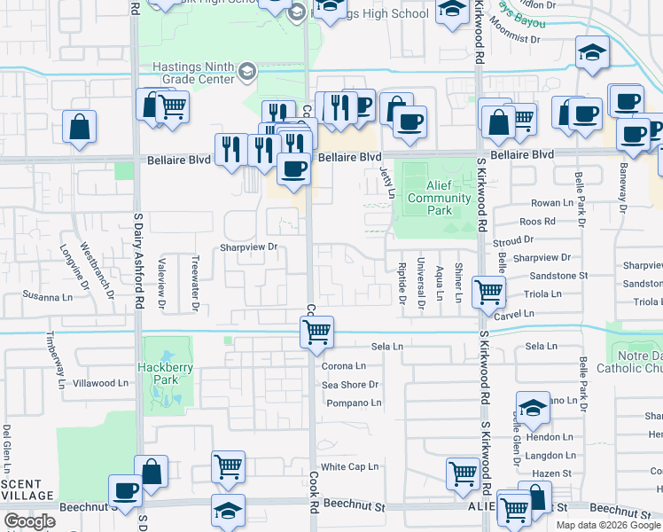 map of restaurants, bars, coffee shops, grocery stores, and more near 7241 Cook Road in Houston