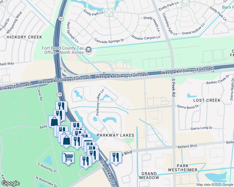 map of restaurants, bars, coffee shops, grocery stores, and more near 23403 Starbridge Lake Lane in Richmond