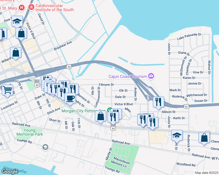 map of restaurants, bars, coffee shops, grocery stores, and more near 901-999 Myrtle St in Morgan City