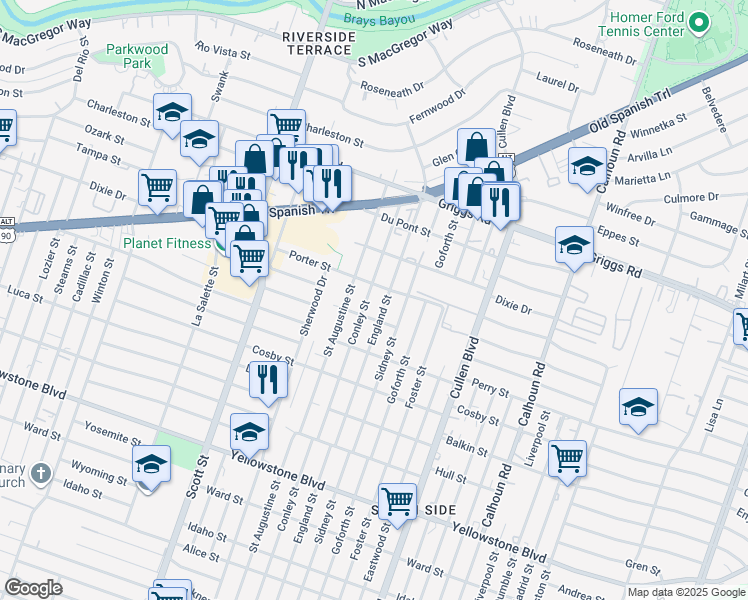 map of restaurants, bars, coffee shops, grocery stores, and more near 6119 Saint Augustine Street in Houston
